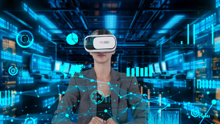 Businesswoman pointing world market data rotating analysis screen by VR future global innovation...