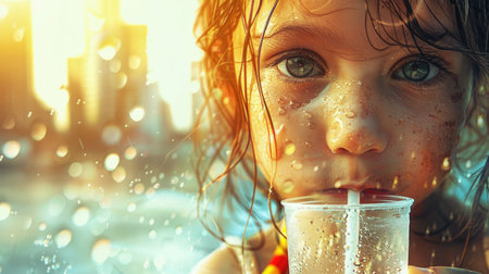 The little girl is sipping water from a glass, her eyelashes moist with the clear fluid. The amber drinkware reflects the light beautifully AIG50の素材