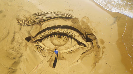 A breathtaking landscape portrayed in a stunning artwork depicting a person on a sandy beach next to the ocean, captured in exquisite detail and depth using wood as the medium AIG50の素材