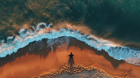 An aerial view of two individuals standing on the beach, overlooking the azure waters with surfboards in hand AIG50の素材