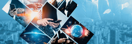 Communication technology , smart connection IOT and people network technology concept. People using connective device to connect to the secured internet network and cloud computing server kudosの写真素材