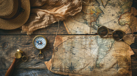 A stylish display of a hat, compass, sunglasses, and a map on a wooden table. The wood adds an artistic touch to this collection of travel essentials AIG50の素材