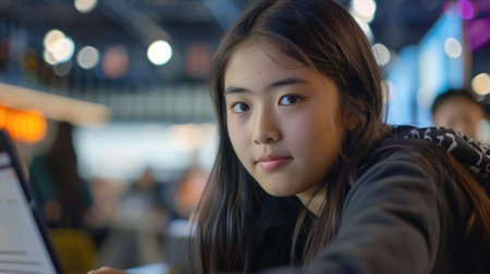 The picture of the east asian girl is working as the coding programmer inside the office and blur background, the programmer require skill like coding, logical thinking, patience and debugging. AIG43.の素材