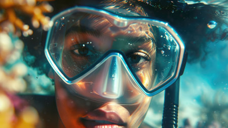 The picture of the diver is diving in the sea or ocean and wearing goggles and snorkel, the diver require skills like knowledge of the diving equipment and gear, buoyancy control and training. AIG43.の素材