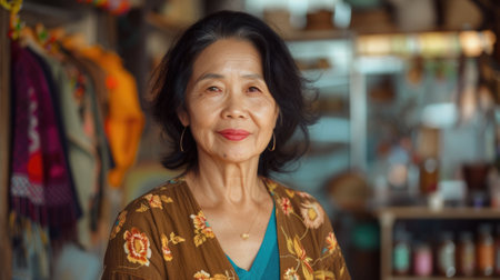 The picture of the southeast asia female working as entrepreneur in her own room with blur background, the entrepreneur require skill like creativity, leadership, management and communication. AIG43.の素材