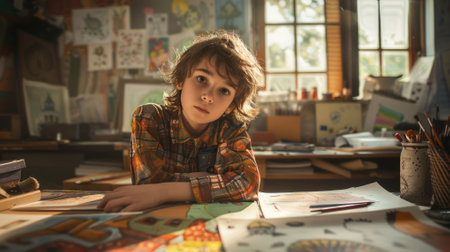 The picture of the childrens book artist is working inside the room that has filled with colourful drawing on wall and blur background, the artist require skill like creative and imagination. AIG43.の素材