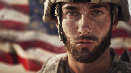 The close up picture of the soldier standing in the front of the national flag, the trained military officer require experience, combat skill, and also tactical skill to work in the army force. AIG43.の素材