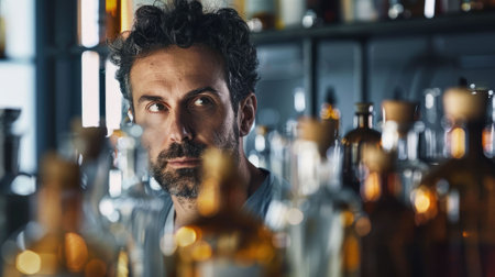 The picture of the perfume maker working inside the laboratory about research and testing new perfume or cologne, the perfume maker require skills like chemistry knowledge and product testing. AIG43.の素材