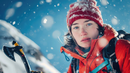 The picture of the ice climber is climbing the snowy ice mountain under the bright blue sky, the ice climbing require skills such as ice climbing technique, route finding and safety practices. AIG43.の素材