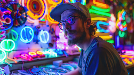 The picture of the neon light artist is working inside workshop that filled with colourful light, the neon light artist require skill like creativity, electrical knowledge and safety awareness. AIG43.の素材