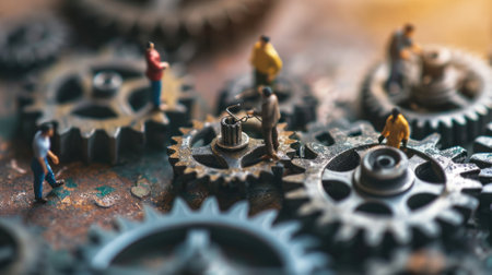 The miniature varies group of employed people that standing still on the uncompleted cogwheels trying to work together to find the solution for varies problems that they talking to each other. AIGX03.の素材