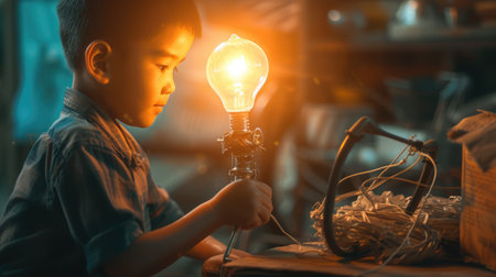 Energetic elementary student inventing light bulb and bicycle at house. Attractive curious child and boy looking at bulb while thinking about creative idea with blurring background. Science. AIG42.の素材