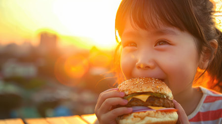 A young girl is enjoying a classic fast food meal of a hamburger with french fries. The staple food includes a bun, sandwiched with ingredients for a satisfying food craving AIG50の素材