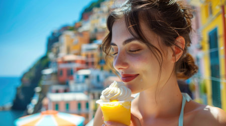 A happy woman is savoring a delicious ice cream cone on a bustling city street. She smiles with each bite, enjoying the sweet dessert as she travels AIG50の素材