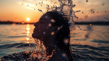 A woman is hydrating with water from the ocean at sunset, surrounded by a stunning landscape with trees and plants against a fiery sky AIG50の素材