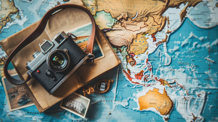An intricate map of the world is elegantly displayed on a wooden table. The intricate patterns and font create a beautiful piece of art AIG50の素材