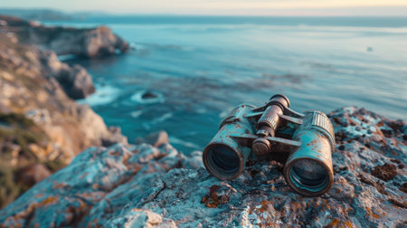 A pair of binoculars rests on a sturdy rock overlooking the ocean, where wind waves crash against the rocky shores and liquid water meets solid bedrock AIG50の素材