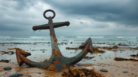 A weathered anchor rests on the sandy beach, surrounded by the gentle lapping of water. Nearby, a vibrant plant adds a touch of life to the serene scene AIG50の素材