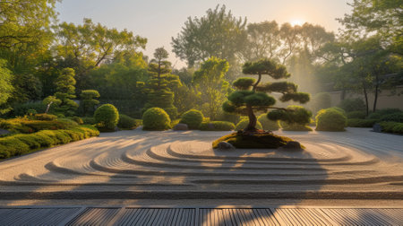 A beautiful sunrise illuminates a Japanese Zen garden, highlighting the elegant forms of meticulously maintained bonsai trees. Resplendent.の素材