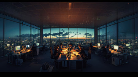 A gathering of individuals occupies office desks in a building during nighttime. The room features water fixtures, tables, and glass elements. AIG41の素材