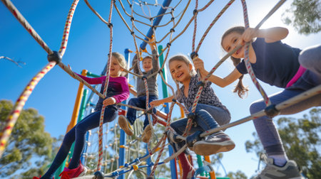 A group of young girls enjoying leisure time on a playground, having fun under the sky and sharing moments of art and recreation in the city. AIG41の素材