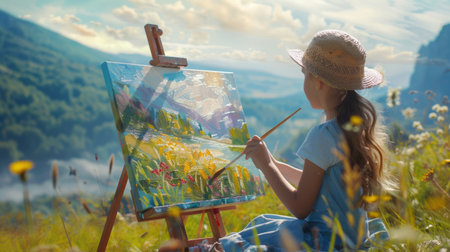 A young artist is painting a picture in a meadow, surrounded by a beautiful natural landscape. The grassland provides the perfect backdrop for her artistic expression AIG50の素材