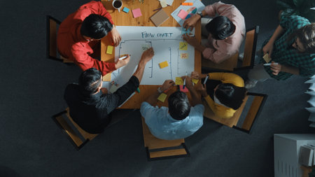 Top view of smart people writing and making scrum task board while writing plan and planning strategy at colorful sticky notes. Smart team manage work performance by using kanban board. Convocation.の写真素材