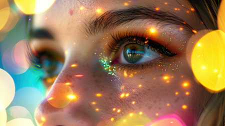 A mesmerizing portrait of a young woman with colorful bokeh lights reflecting on her face, creating a dreamy atmosphere.A womans eye reflecting a kaleidoscope of bokeh lights. AIG50の素材