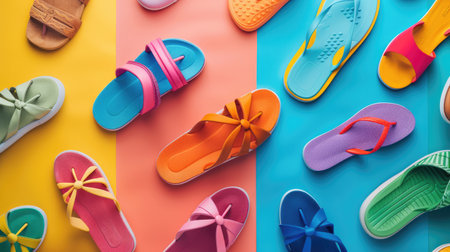 There is a variety of shoes and sandals displayed on a colorful background, including walking shoes, outdoor shoes, and electric blue and orange sandals. The vibrant display is like a work of artの素材
