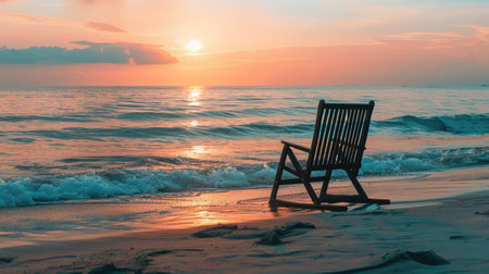 A chair is placed on the beach at dusk, with water reflecting the colorful sky and clouds as the sun sets over the horizon, creating a serene landscape AIG50の素材