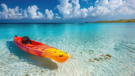 A red canoe rests on the serene shore of a tranquil lake, surrounded by the vast expanse of water, under the blue sky dotted with fluffy white clouds, showcasing the beauty of the natural landscapeの素材