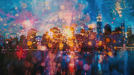 A stunning display of fireworks lighting up the night sky in the city. The blurry image captures the excitement and entertainment of a midnight holiday event AIG50の素材