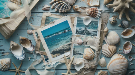 A circular wooden table adorned with aqua seashells and a picture of a beach scene. The combination of natural elements and coastal imagery creates a soothing and inviting atmosphere in the room AIG50の素材