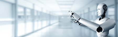 MLP 3d illustration AI humanoid robot touching finger at copy space in concept of artificial intelligence thinking by machine learning process for 4th fourth industrial revolution. 3D illustration.の写真素材