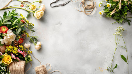 The table is adorned with a variety of flowers, each unique in color and shape. The vibrant petals create a beautiful display, adding a touch of natures beauty to the room AIG50の素材