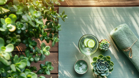A wooden table in a building with a terrestrial plant and a vase of limes, creating a fresh and natural landscape inside the house AIG50の素材