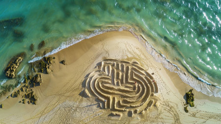 A mesmerizing sand labyrinth, created on a beach, with intricate patterns resembling a work of art. The aerial view captures the harmonious blend of natural materials and landscape AIG50の素材