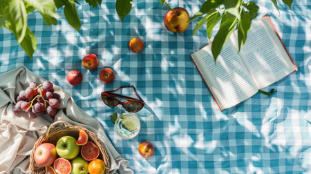 A plantbased picnic blanket with a variety of natural foods and a book on a beach with grass patterns, creating an artistic and relaxing atmosphere AIG50の素材