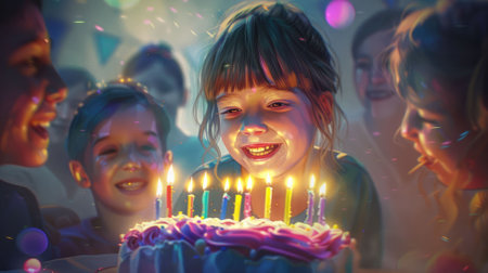 The drawing of the child blowing out the candles of the birthday cake with the happiness and the excitement, the birthday is the celebration day for celebrate the anniversary of their birth. AIG43.の素材