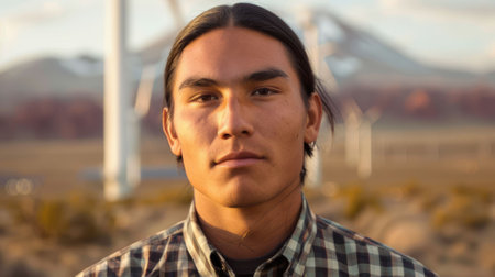 The close up picture of native american environmental consultant with windmill surround by grass under sky, environmental consultant require Environment Knowledge, experience and Adaptability. AIG43.の素材