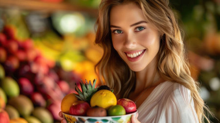 The picture of the female nutritionist is holding the basket of fruit and vegetable to preparing to making the salad, the nutritionist require skill like food knowledge and health education. AIG43.の素材
