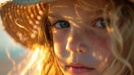 A happy young blond girl in a straw hat is gazing at the camera, showcasing her expressive nose, lip, eyebrow, mouth, jaw, and eyelash. She looks like shes having fun AIG50の素材