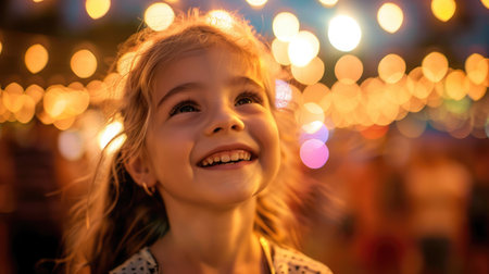 The toddler with electric blue eyes and surfer hair is smiling happily, gazing up at the sky with a sense of wonder and innocence, surrounded by lush green grass AIG50の素材