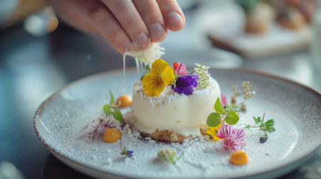 Close up of skilled chef decorating cake or dessert with edible flower. Professional baker hand making a cake with colorful flower and garnishing the dish with blurring background at kitchen. AIG42.の素材