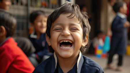 Portrait of smart elementary student laughing with diverse friend at school. Close up of attractive children smiling while wearing uniform cloth with blurring background. Education concept. AIG42.の素材