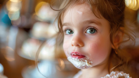 The little girls face is covered in frosting, with a smile on her mouth and a hint of frosting on her nose. Her eyes sparkle with joy as she looks ahead AIG50の素材