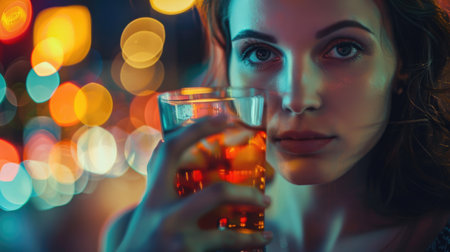 A woman is holding a highball glass filled with whiskey and ice cubes, a classic choice of drinkware for enjoying a refreshing alcoholic beverage AIG50の素材