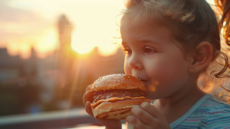 A young girl is enjoying a classic fast food meal of a hamburger with french fries. The staple food includes a bun, sandwiched with ingredients for a satisfying food craving AIG50の素材
