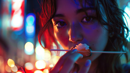 A woman with black hair is holding a tray of sushi, smiling with raised eyebrows and long eyelashes. Her facial expression exudes happiness and cool confidence, enjoying a leisurely and fun momentの素材