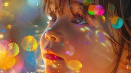 A close up of a little girl with black hair, bangs, smiling, with twinkling Christmas lights reflecting in her iris, eyelashes, nose, and rosy cheeks. A beautiful scene filled with joy and fun AIG50の素材